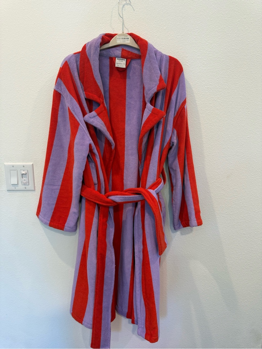 Striped Hooded Terry Robe in Red and Lavender